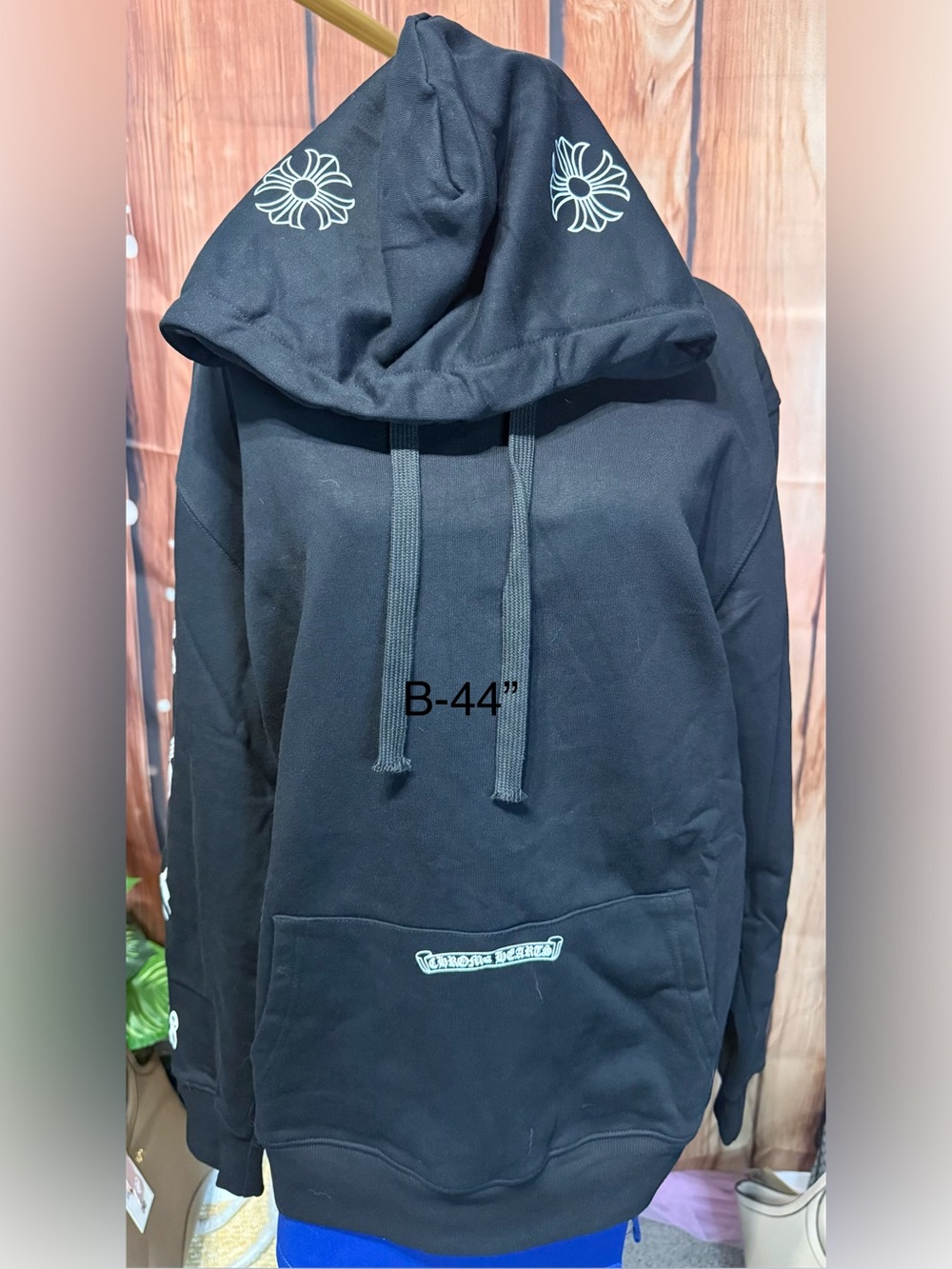 Black Graphic Hoodie with White Floral Details